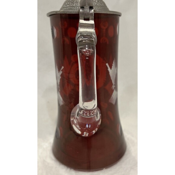 Egermann Bohemian Ruby Cut Glass Stein Pewter Lid Beer Tankard Deer Stag Czech - Picture 5 of 13
